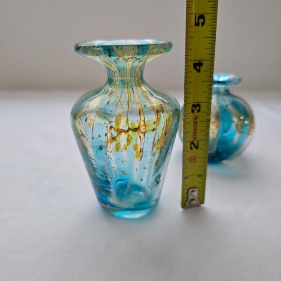 Mdina Two Mini Glass Vases Maltese Art Crystal Blue Stripe Crizzle 1970's MCM - Picture 8 of 16